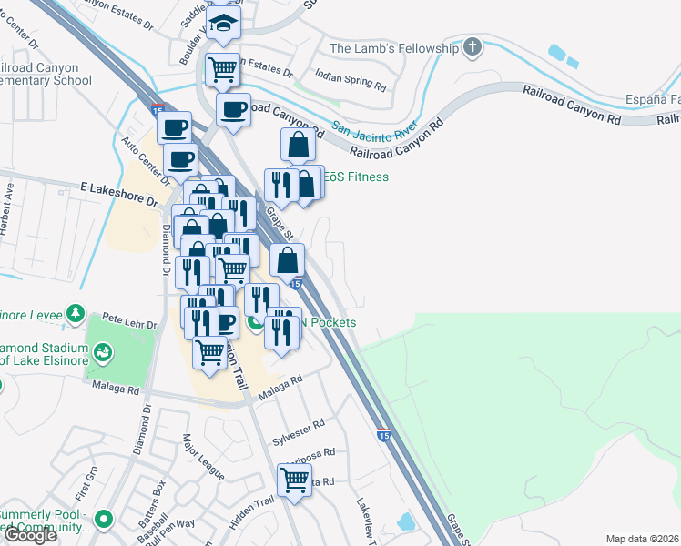 map of restaurants, bars, coffee shops, grocery stores, and more near 15647 Vista Way in Lake Elsinore