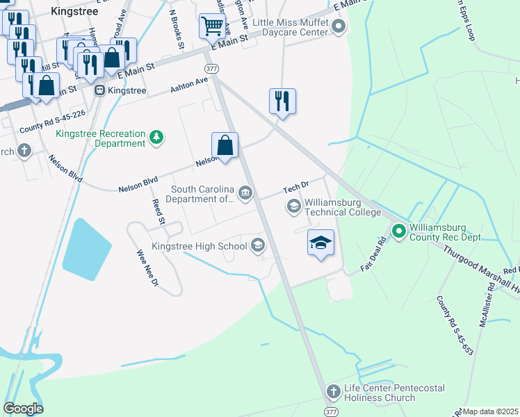 map of restaurants, bars, coffee shops, grocery stores, and more near Martin Luther King Junior Avenue in Kingstree
