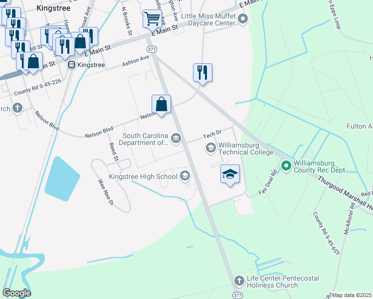 map of restaurants, bars, coffee shops, grocery stores, and more near Martin Luther King Junior Avenue in Kingstree