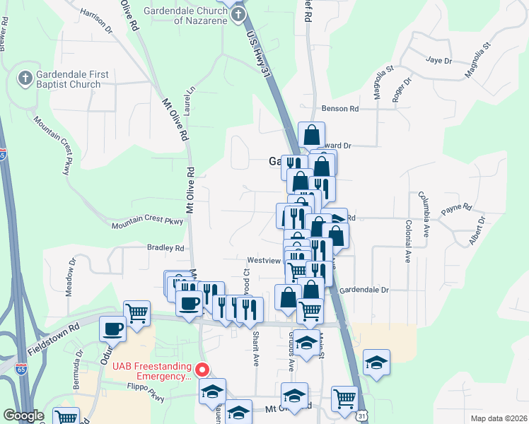 map of restaurants, bars, coffee shops, grocery stores, and more near 297 Redmayne Road in Gardendale