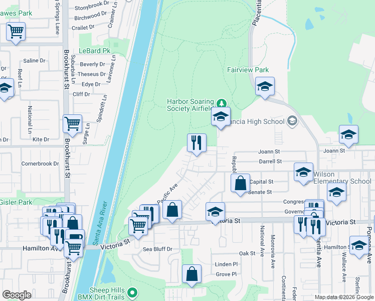 map of restaurants, bars, coffee shops, grocery stores, and more near 2271 Pacific Avenue in Costa Mesa