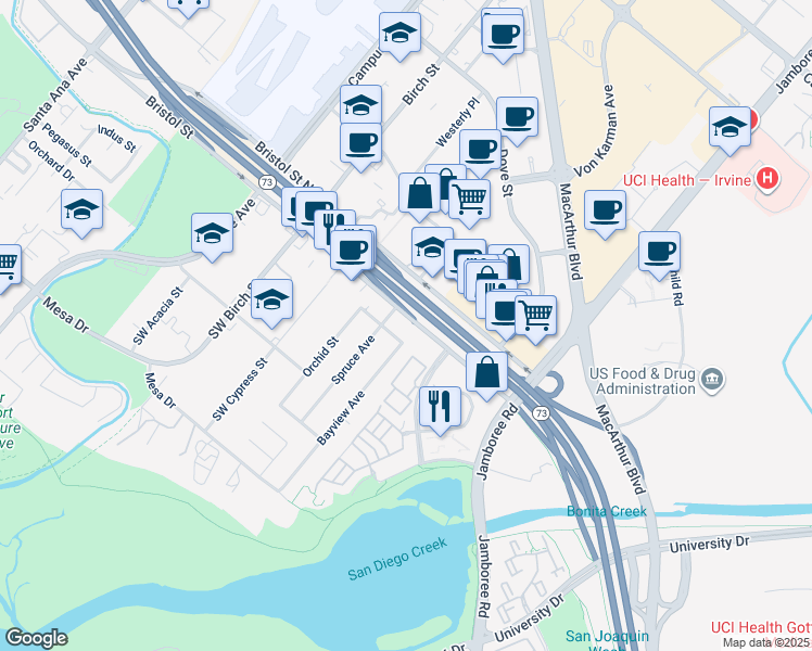 map of restaurants, bars, coffee shops, grocery stores, and more near 2424 Southeast Bristol Street in Newport Beach