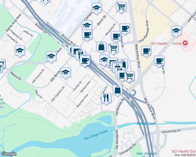 map of restaurants, bars, coffee shops, grocery stores, and more near 2424 Southeast Bristol Street in Newport Beach