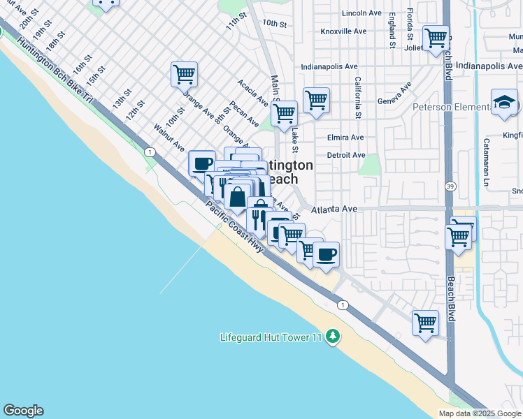 map of restaurants, bars, coffee shops, grocery stores, and more near 234 California 1 in Huntington Beach