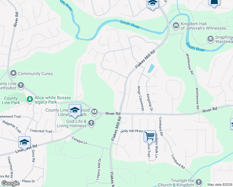 map of restaurants, bars, coffee shops, grocery stores, and more near 4447 Flakes Mill Road in Ellenwood
