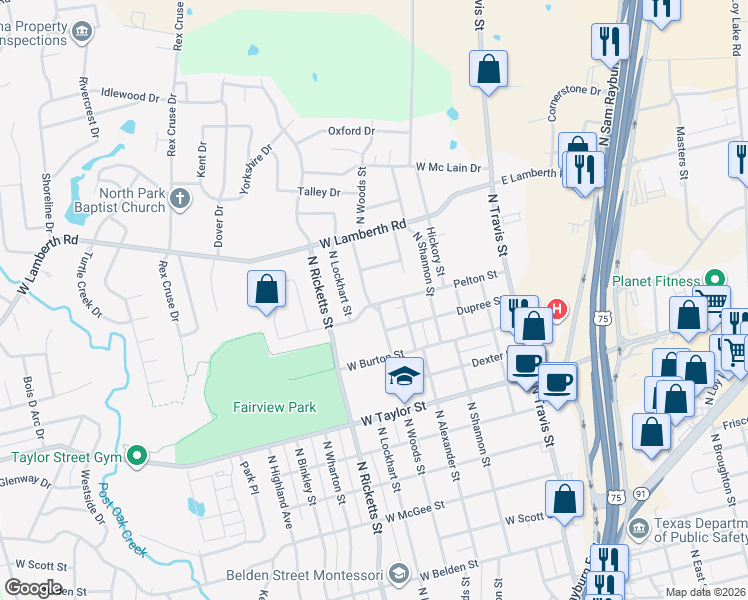 map of restaurants, bars, coffee shops, grocery stores, and more near 509 West Pelton Street in Sherman