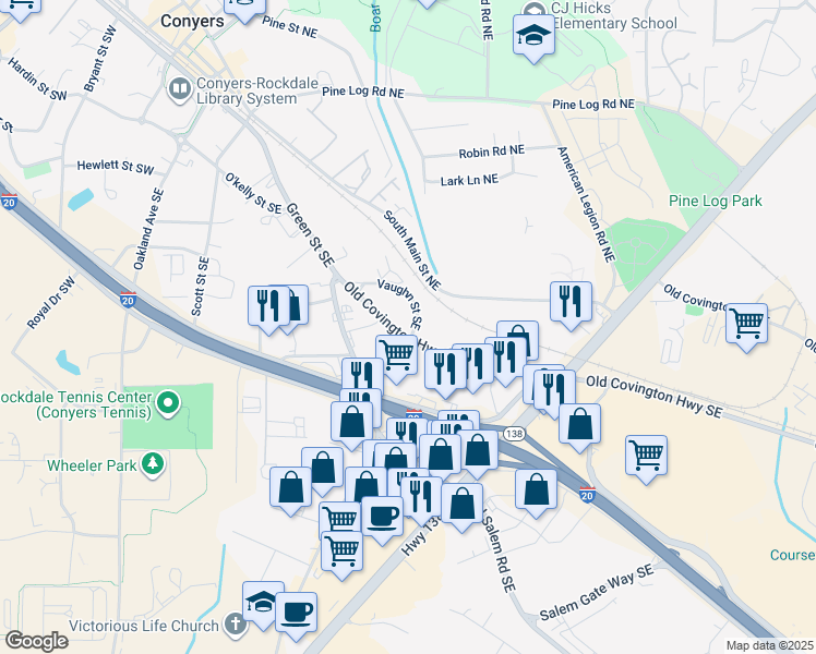 map of restaurants, bars, coffee shops, grocery stores, and more near 1146 Old Covington Highway Southeast in Conyers