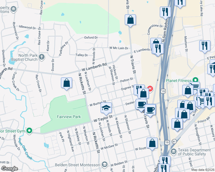 map of restaurants, bars, coffee shops, grocery stores, and more near 2213 North Woods Street in Sherman