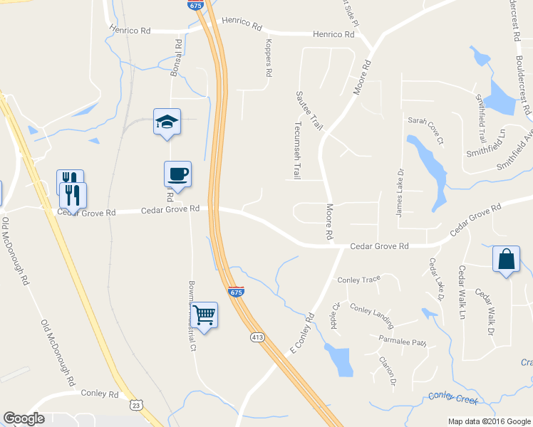 map of restaurants, bars, coffee shops, grocery stores, and more near 1664 Cedar Grove Rd in Conley