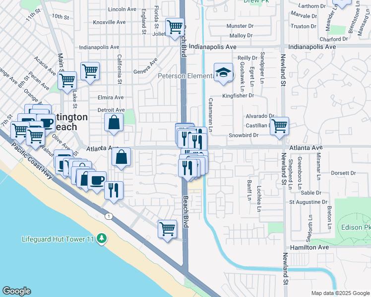 map of restaurants, bars, coffee shops, grocery stores, and more near 21000 Beach Boulevard in Huntington Beach
