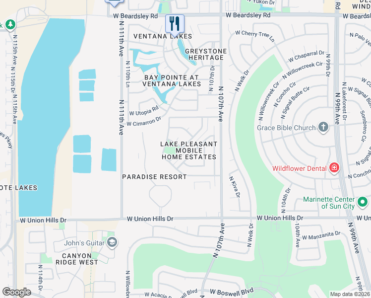 map of restaurants, bars, coffee shops, grocery stores, and more near 19030 North Dinero Road in Sun City