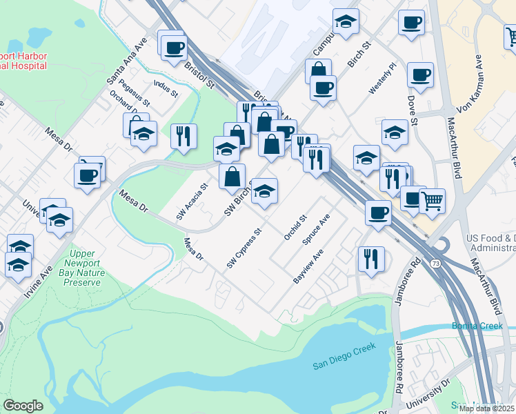 map of restaurants, bars, coffee shops, grocery stores, and more near 2173 Orchard Drive in Newport Beach