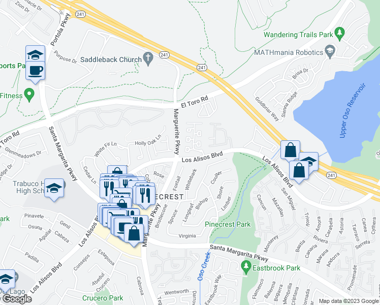 map of restaurants, bars, coffee shops, grocery stores, and more near 108 California Court in Mission Viejo