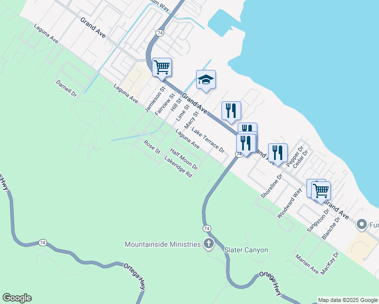 map of restaurants, bars, coffee shops, grocery stores, and more near 15515 Shadow Mountain Lane in Lake Elsinore