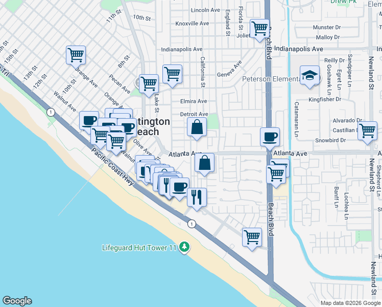 map of restaurants, bars, coffee shops, grocery stores, and more near Atlanta Ave & Huntington St in Huntington Beach