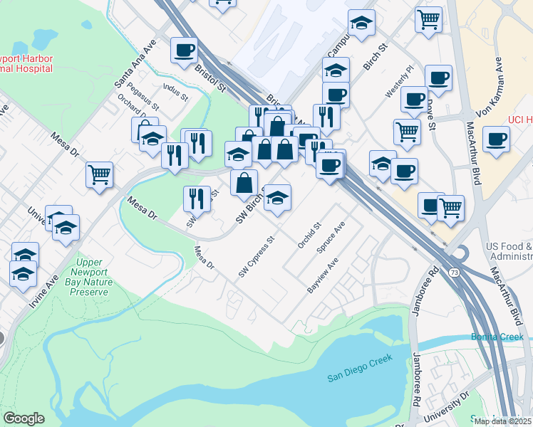 map of restaurants, bars, coffee shops, grocery stores, and more near 2173 Orchard Drive in Newport Beach