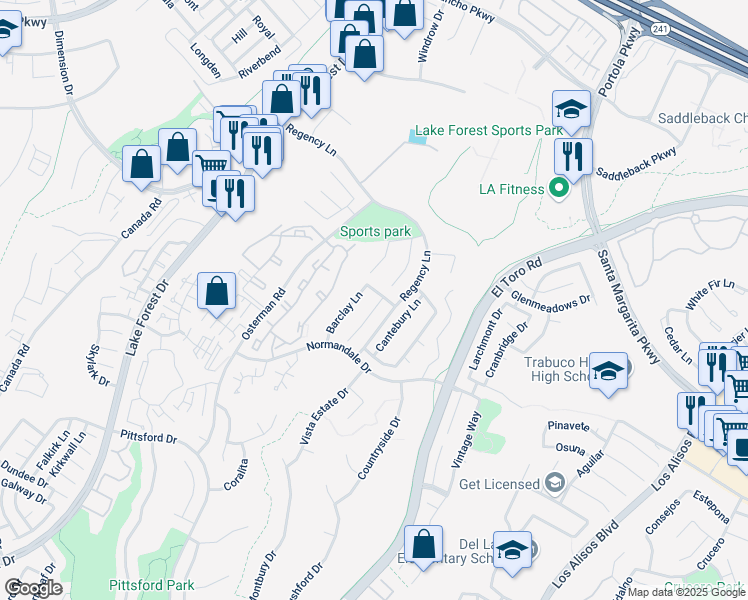 map of restaurants, bars, coffee shops, grocery stores, and more near 20995 Ashley Lane in Lake Forest