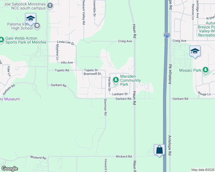 map of restaurants, bars, coffee shops, grocery stores, and more near 31891 Harden Street in Menifee