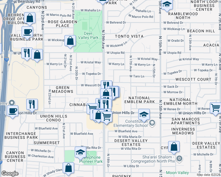 map of restaurants, bars, coffee shops, grocery stores, and more near 18631 North 19th Avenue in Phoenix