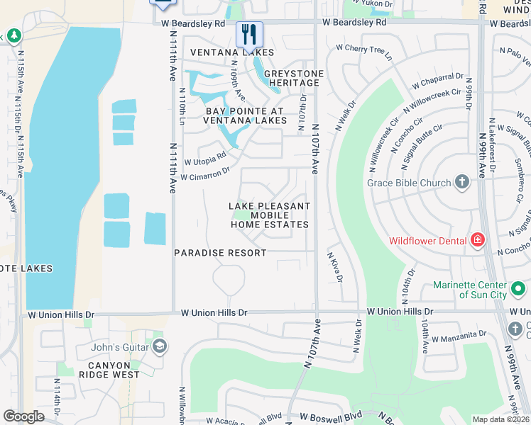 map of restaurants, bars, coffee shops, grocery stores, and more near 19030 North Dinero Road in Sun City