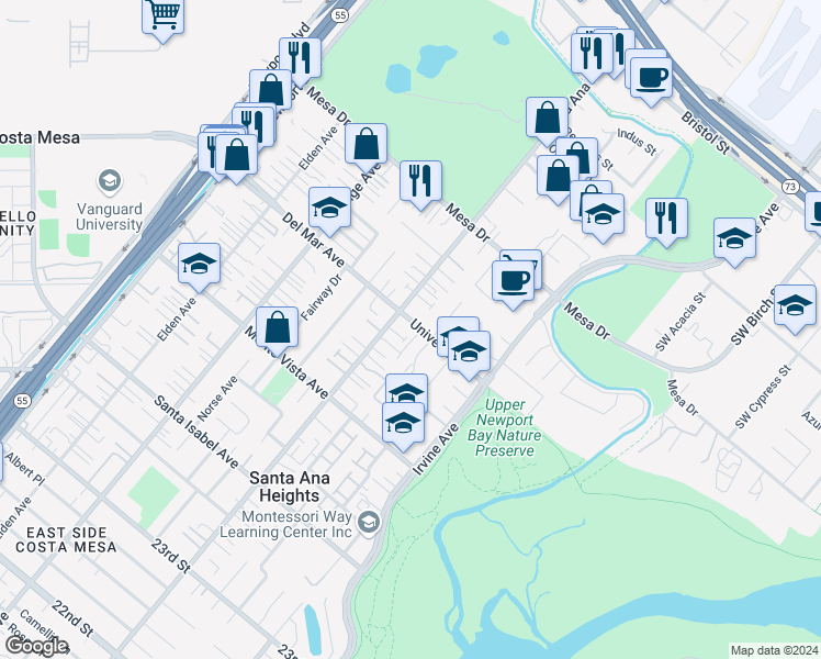map of restaurants, bars, coffee shops, grocery stores, and more near 335 University Drive in Costa Mesa