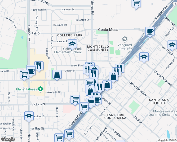 map of restaurants, bars, coffee shops, grocery stores, and more near 2268 Columbia Drive in Costa Mesa