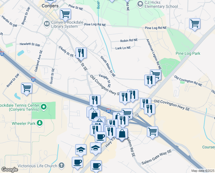 map of restaurants, bars, coffee shops, grocery stores, and more near 1146 Old Covington Highway Southeast in Conyers