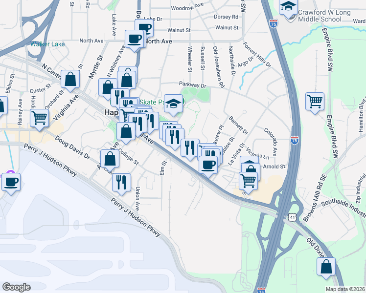 map of restaurants, bars, coffee shops, grocery stores, and more near 501 North Central Avenue in Hapeville