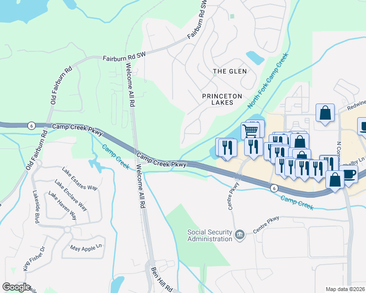 map of restaurants, bars, coffee shops, grocery stores, and more near 3900 Camp Creek Parkway in Atlanta