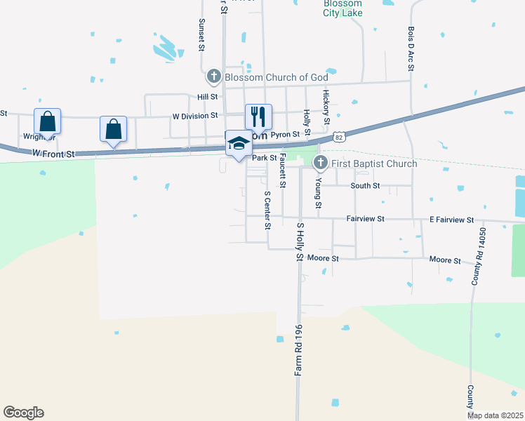 map of restaurants, bars, coffee shops, grocery stores, and more near 120 East Fairview Street in Blossom