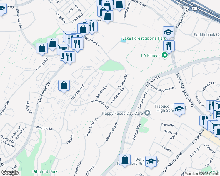map of restaurants, bars, coffee shops, grocery stores, and more near 20995 Ashley Lane in Lake Forest