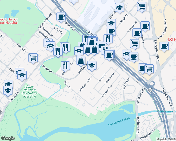 map of restaurants, bars, coffee shops, grocery stores, and more near 2173 Orchard Drive in Newport Beach