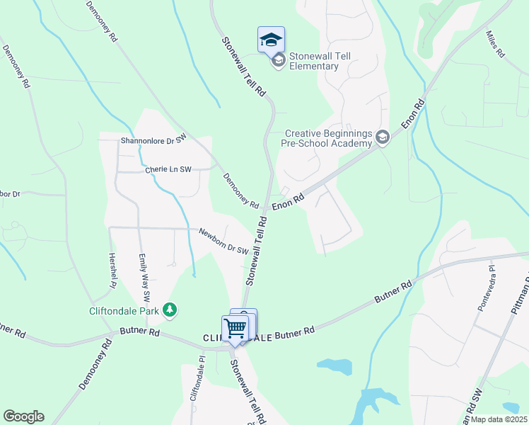 map of restaurants, bars, coffee shops, grocery stores, and more near 3595 Stonewall Tell Road in Atlanta