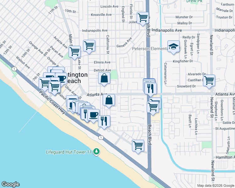 map of restaurants, bars, coffee shops, grocery stores, and more near Atlanta Ave & Delaware St in Huntington Beach