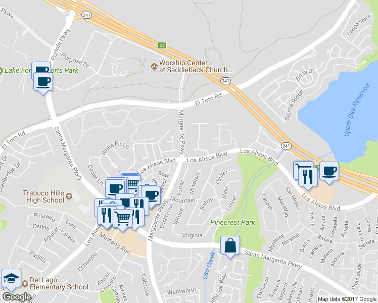 map of restaurants, bars, coffee shops, grocery stores, and more near 120 California Court in Mission Viejo