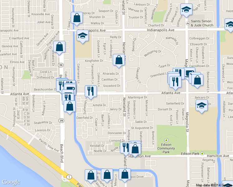 map of restaurants, bars, coffee shops, grocery stores, and more near c333 Windchild Lane in Huntington Beach