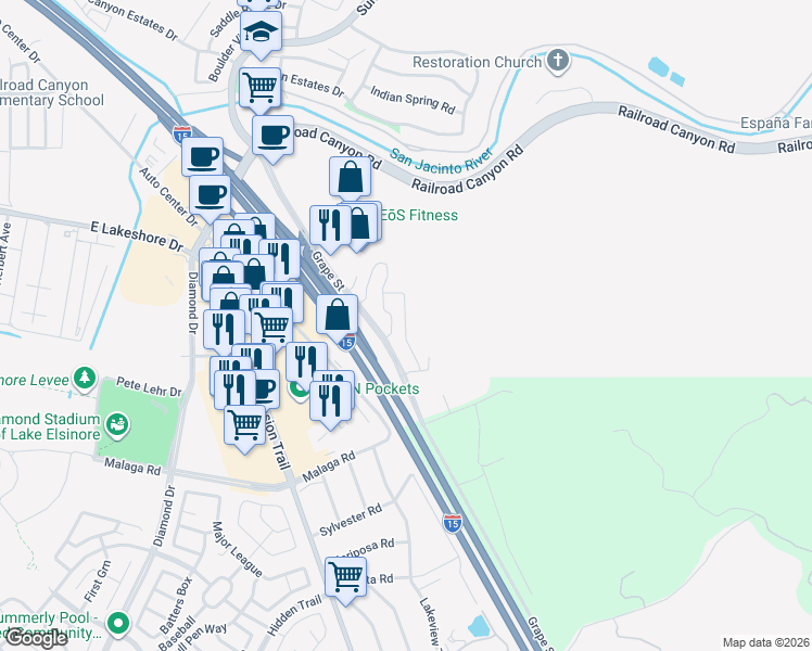 map of restaurants, bars, coffee shops, grocery stores, and more near Vista Way in Lake Elsinore