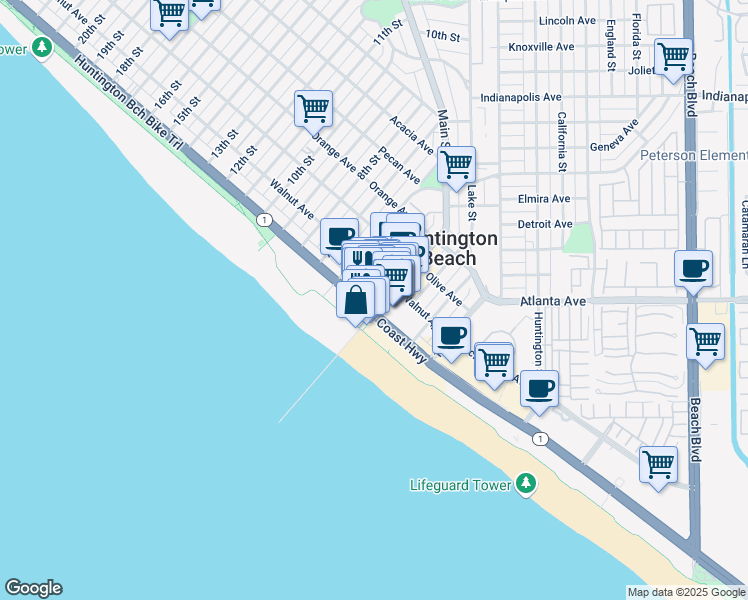 map of restaurants, bars, coffee shops, grocery stores, and more near 325 California 1 in Huntington Beach