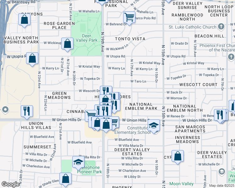map of restaurants, bars, coffee shops, grocery stores, and more near 18811 North 19th Avenue in Phoenix