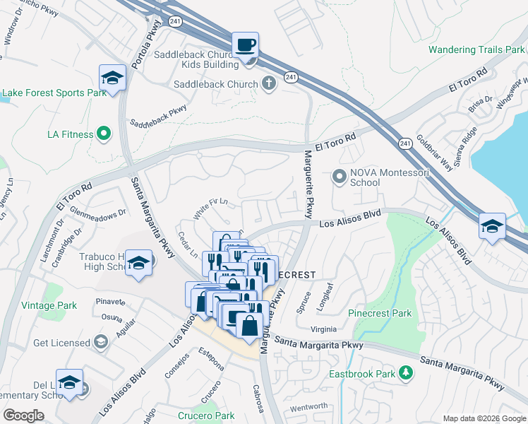 map of restaurants, bars, coffee shops, grocery stores, and more near 21082 Torrey Pine Lane in Mission Viejo