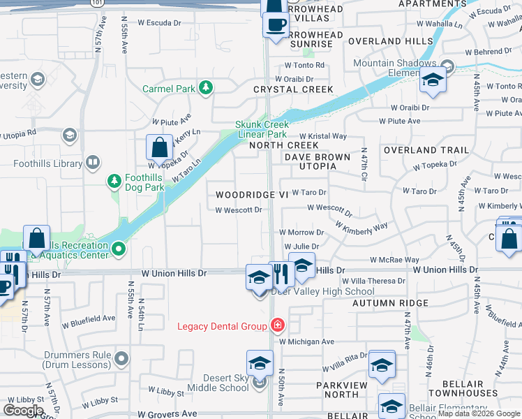 map of restaurants, bars, coffee shops, grocery stores, and more near 18838 North 51st Drive in Glendale
