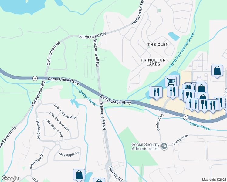 map of restaurants, bars, coffee shops, grocery stores, and more near 3480 Welcome All Road in Atlanta