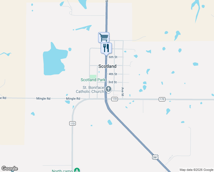 map of restaurants, bars, coffee shops, grocery stores, and more near 12593 U.S. 281 in Scotland