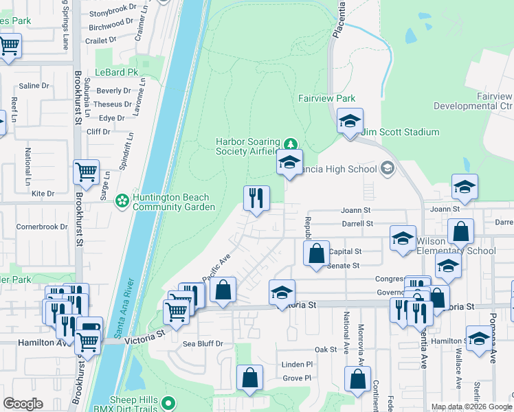map of restaurants, bars, coffee shops, grocery stores, and more near 2294 Pacific Avenue in Costa Mesa