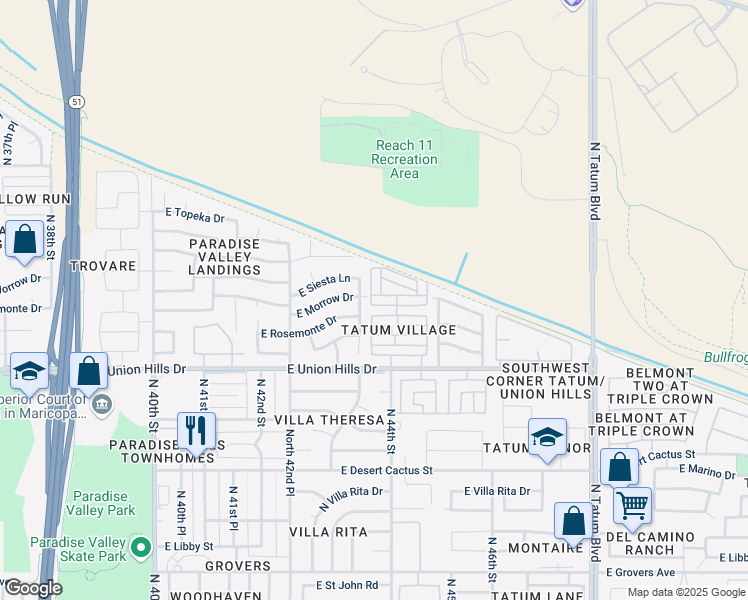 map of restaurants, bars, coffee shops, grocery stores, and more near 18659 North 43rd Place in Phoenix