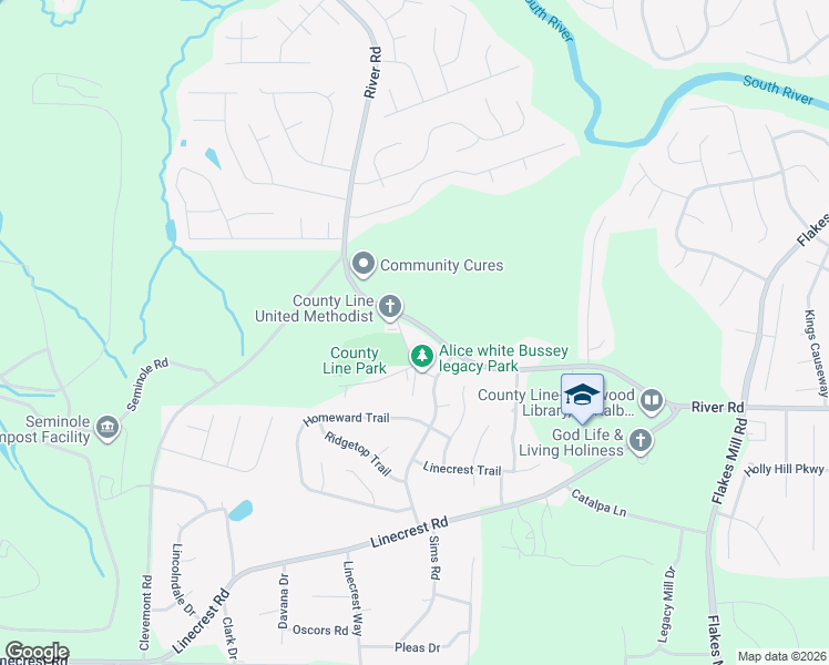 map of restaurants, bars, coffee shops, grocery stores, and more near 4057 River Road in Ellenwood