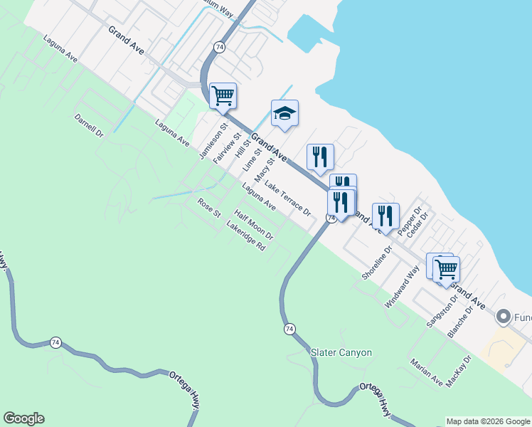 map of restaurants, bars, coffee shops, grocery stores, and more near 15680 Shadow Mountain Lane in Lake Elsinore