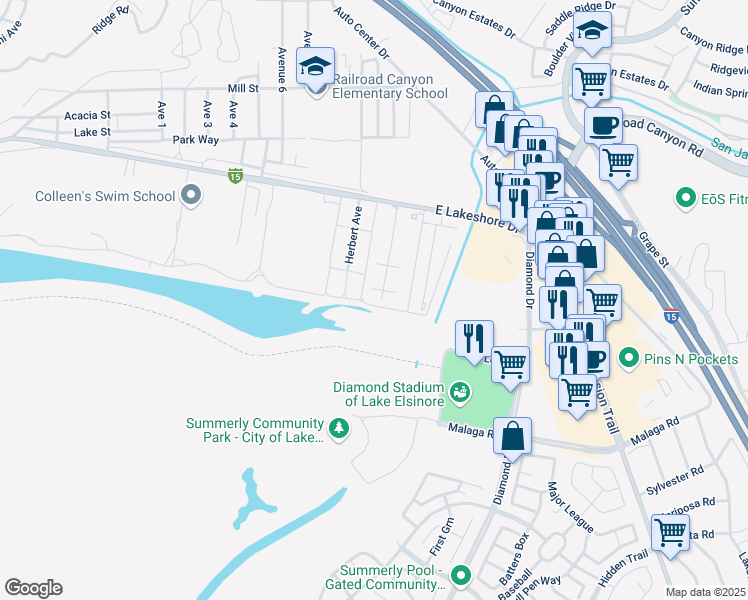 map of restaurants, bars, coffee shops, grocery stores, and more near 61 Lake Park Street in Lake Elsinore