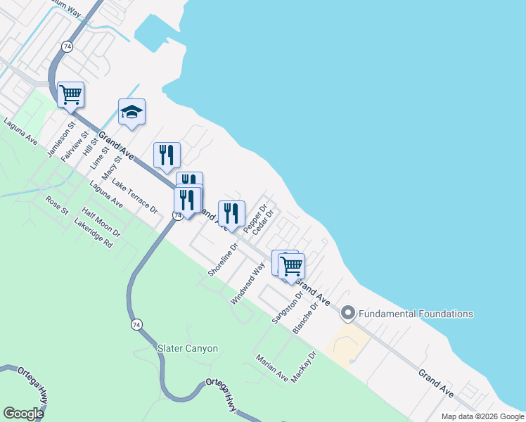map of restaurants, bars, coffee shops, grocery stores, and more near 32954 Pepper Drive in Lake Elsinore