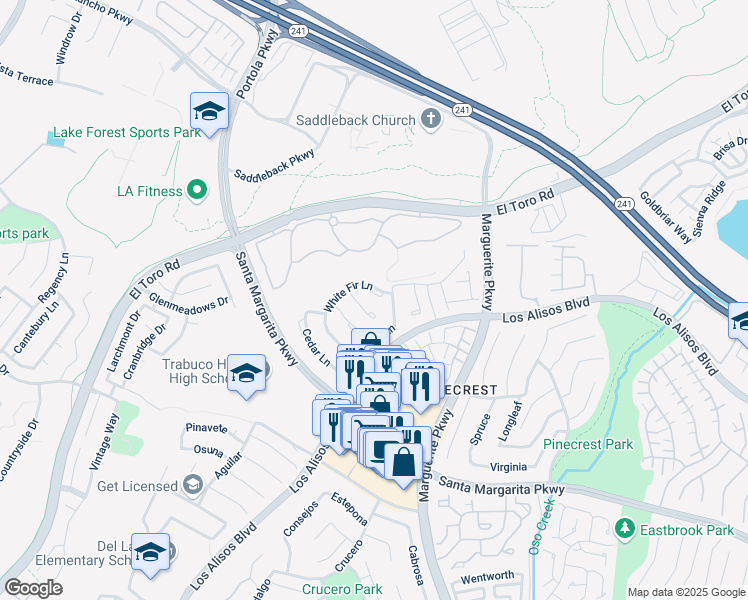 map of restaurants, bars, coffee shops, grocery stores, and more near 27642 White Fir Lane in Mission Viejo